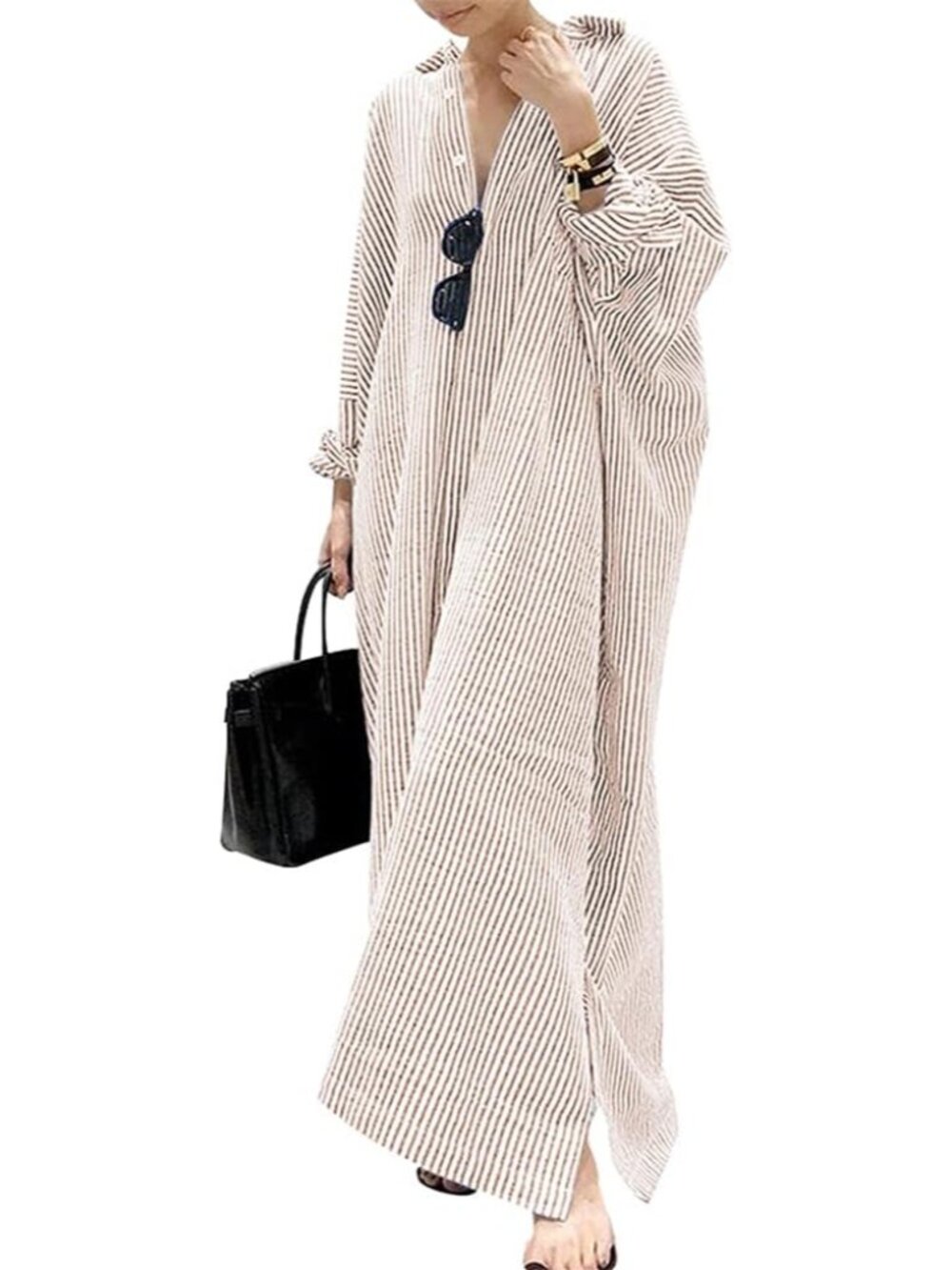 Women's Casual Long Sleeve Button Down Loose Striped Cotton Maxi Shirt Dress
